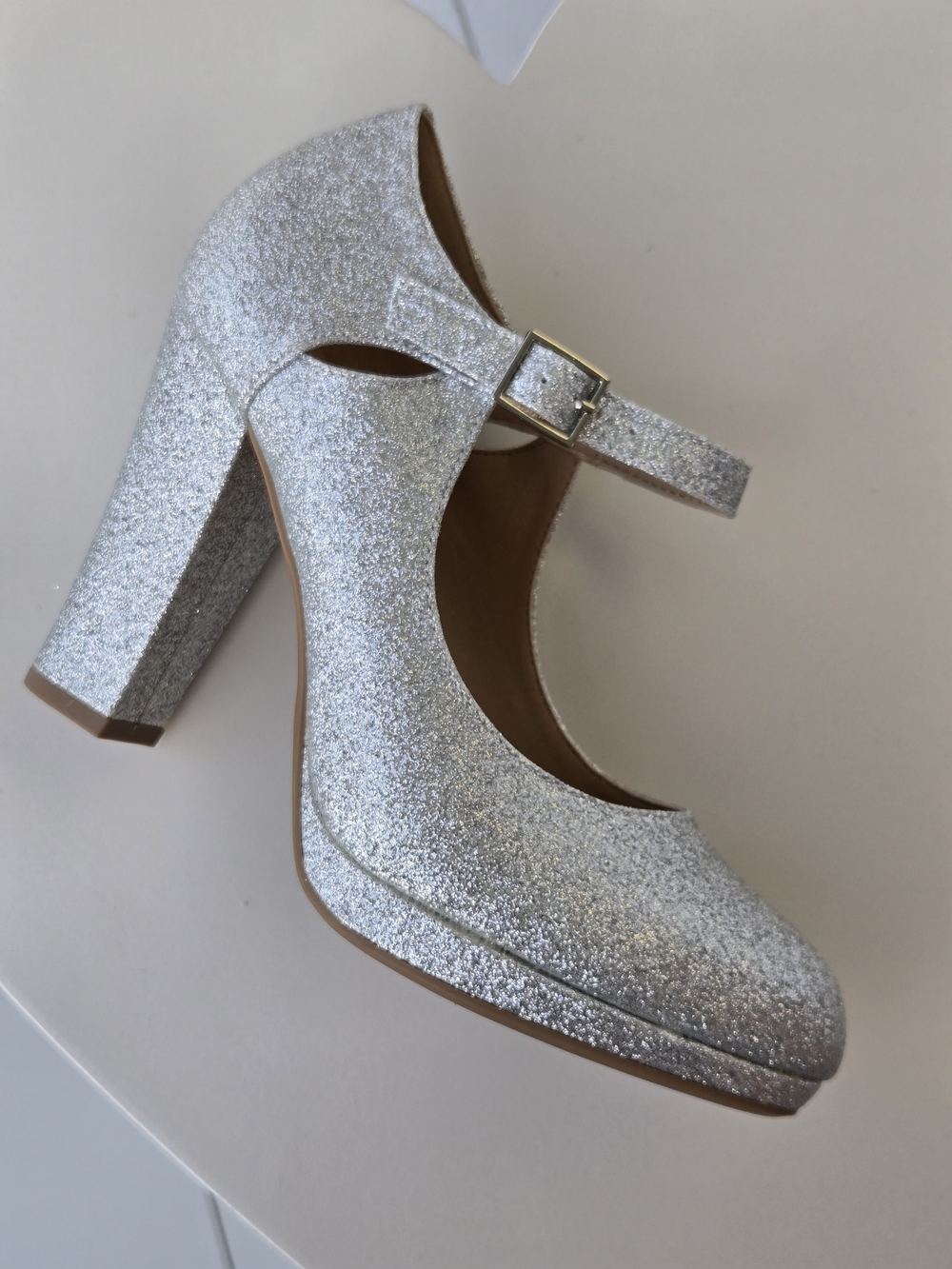 Silver Glitter Mary Jane Block Heel Pump